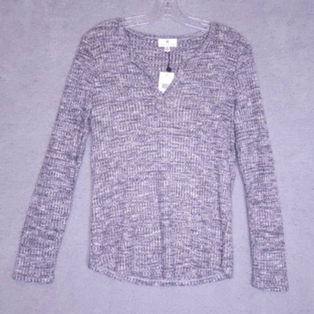 Socialite Womens Pullover Sweater Black Gray Marled Long Sleeve Notch Neck M New